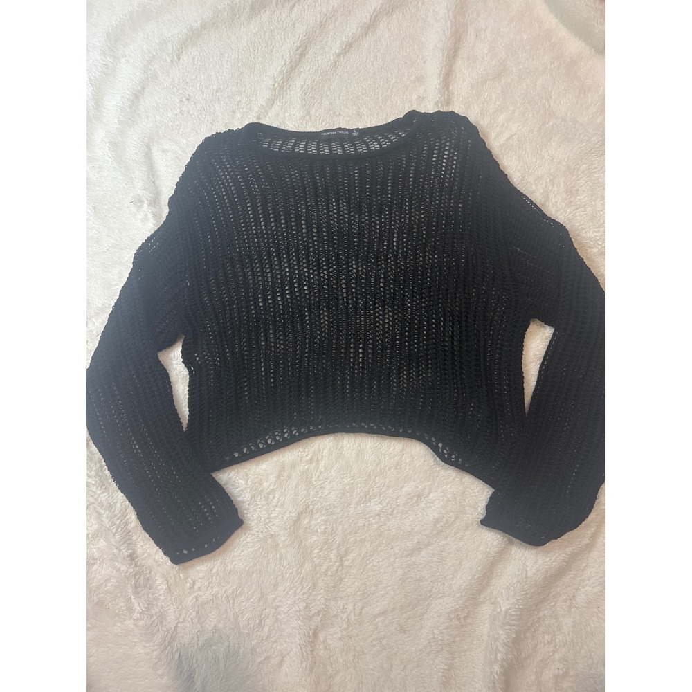 Fourteen Twelve Open Knit Sweater Women Large Black Excellent Cropped Mesh Top